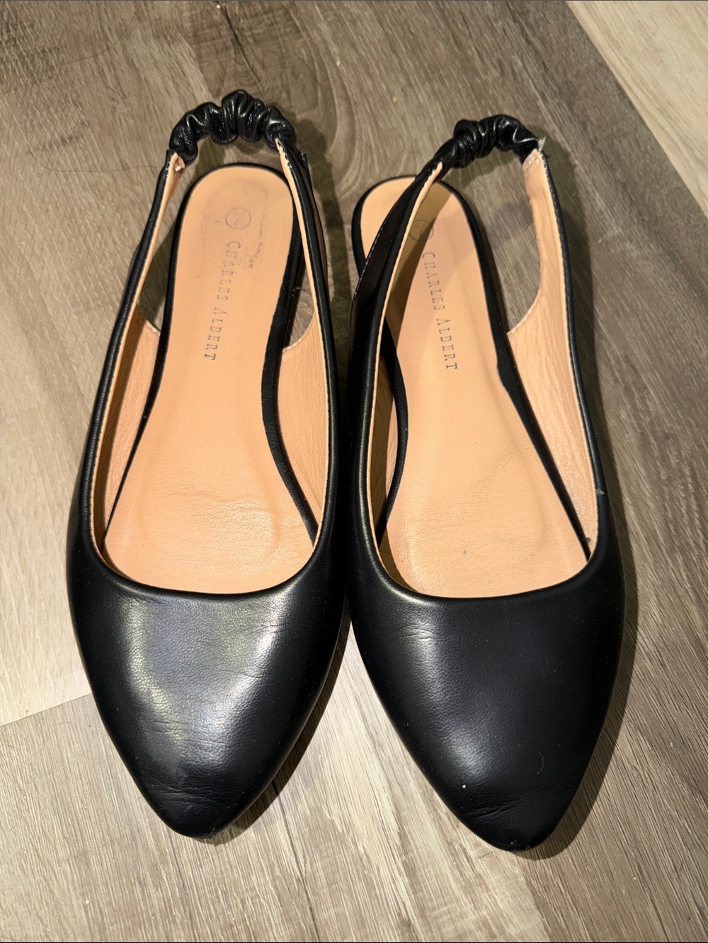 Charles Albert Black Pointed Leather Slingback Flats